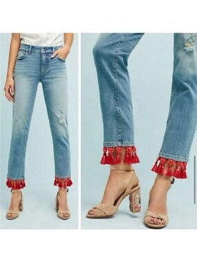 Pilcro and the Letterpress Slim Boyfriend Cropped Jeans red beaded tasseled hem
